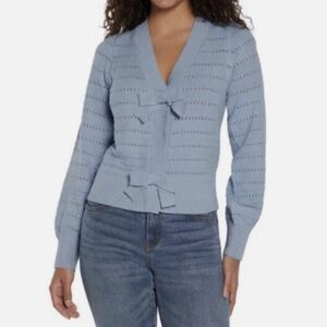 Express Bow Cardigan V-neck Puff Long Sleeve Pointelle Knit Pale Blue size XL